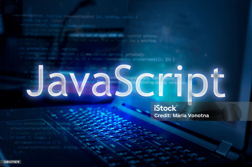 JavaScript inscription against laptop and code background. Learn JavaScript programming language, computer courses, training. Javascript Stock Photo