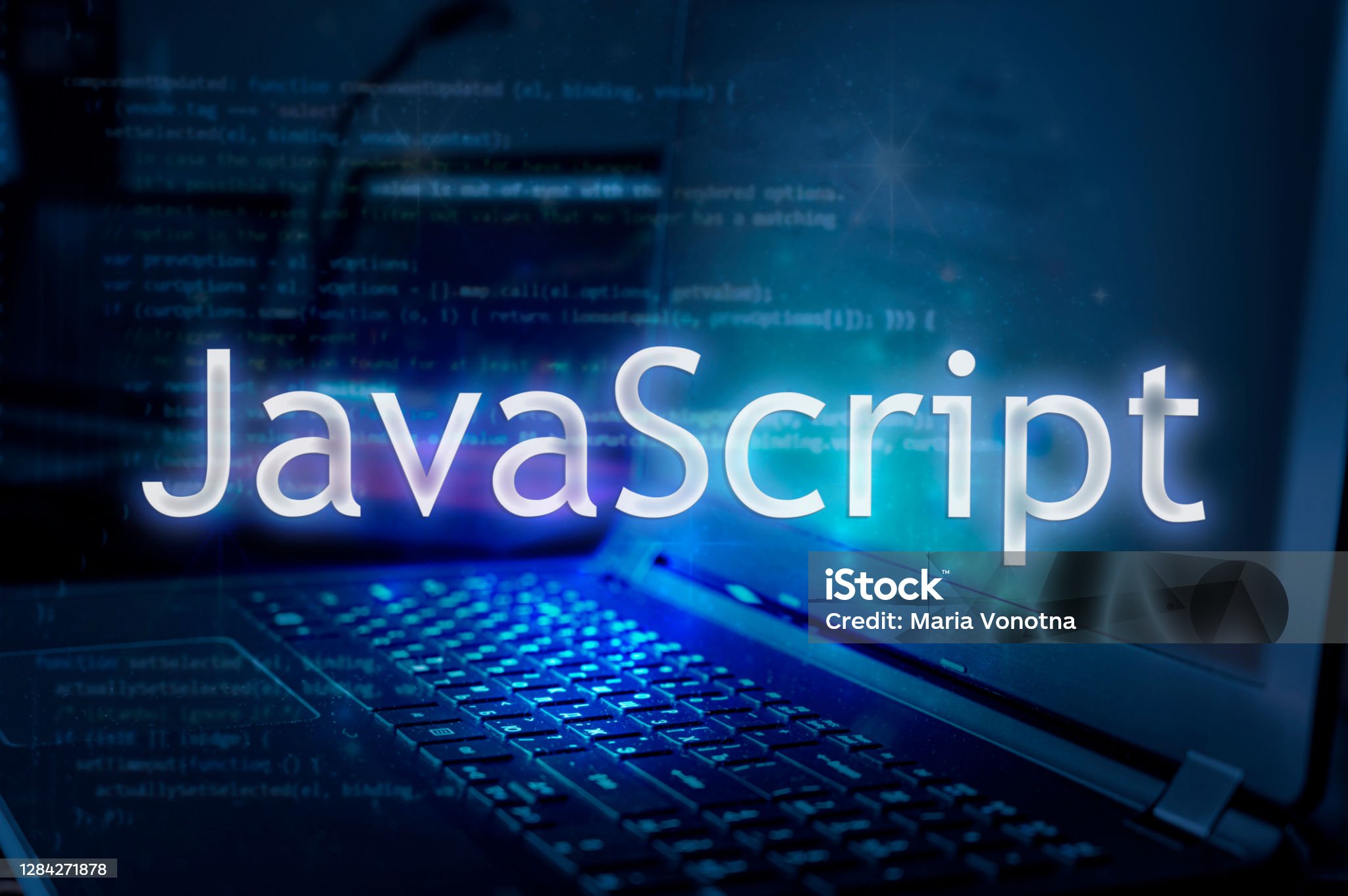 JavaScript inscription against laptop and code background. Learn JavaScript programming language, computer courses, training. Javascript Stock Photo