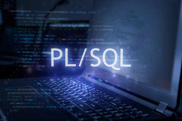 PL/SQL inscription against laptop and code background. Learn pl/sql programming language, computer courses, training.