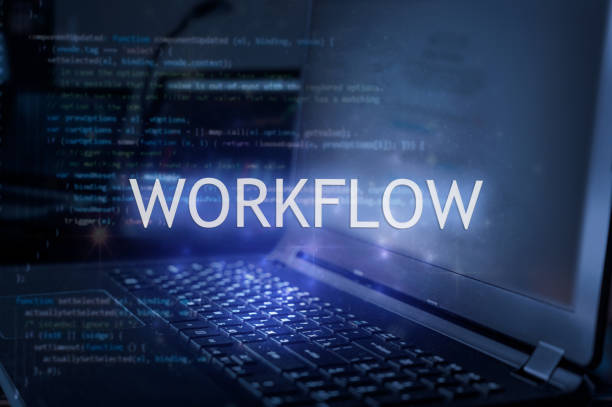 Workflow inscription against laptop and code background.