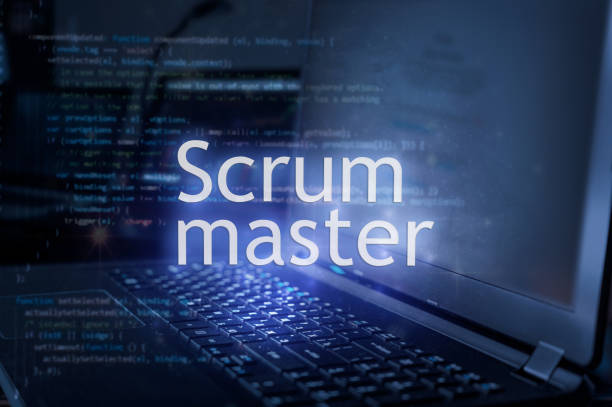 Scrum master inscription against laptop and code background.